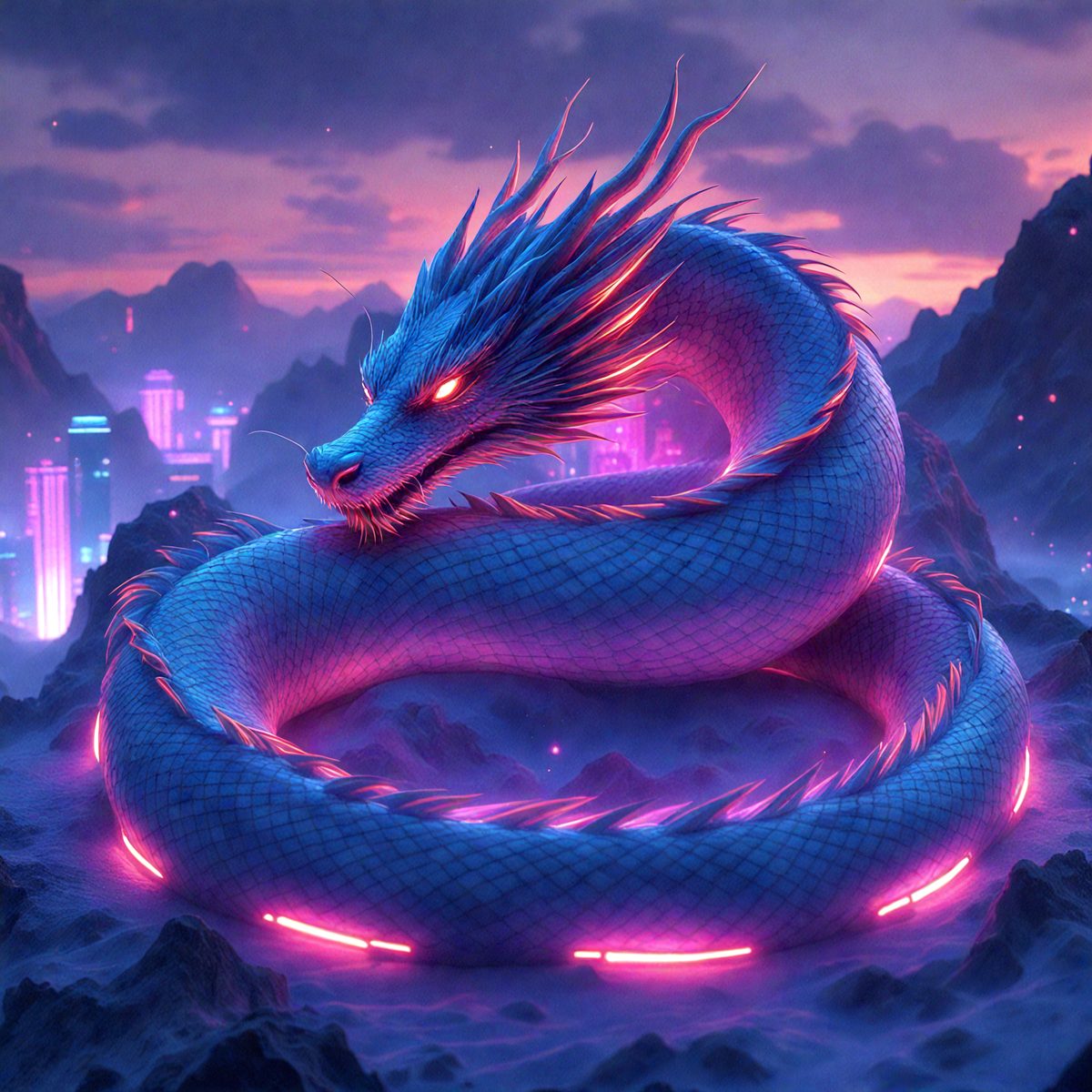 The primary subject of the image is a large, colorful dragon. The dragon is depicted in a digital art style, with its body and head painted in vibrant colors. The dragon is situated in a setting that includes a mountainous background and a city skyline in the distance. The overall atmosphere of the image is lively and captivating, with the dragon's vivid colors and the contrasting elements of nature and urban development.